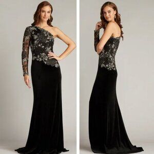 Tadashi Shoji One Shoulder Lace Sequin Black Silver Velvet Gown 6 NWT $518